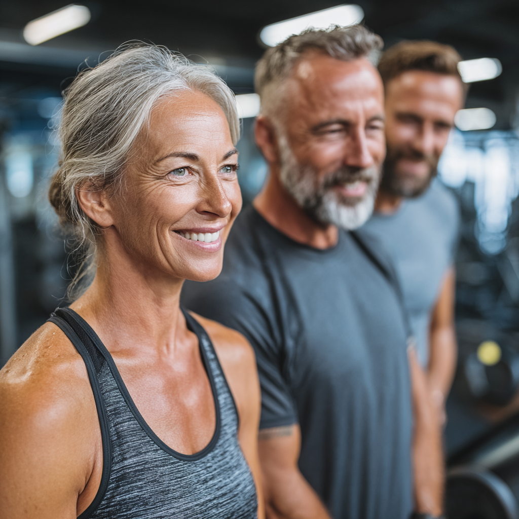 Athletic couple in their early 50s working together with personal trainer in gym, smiling and engaged, demonstrating teamwork in fitness