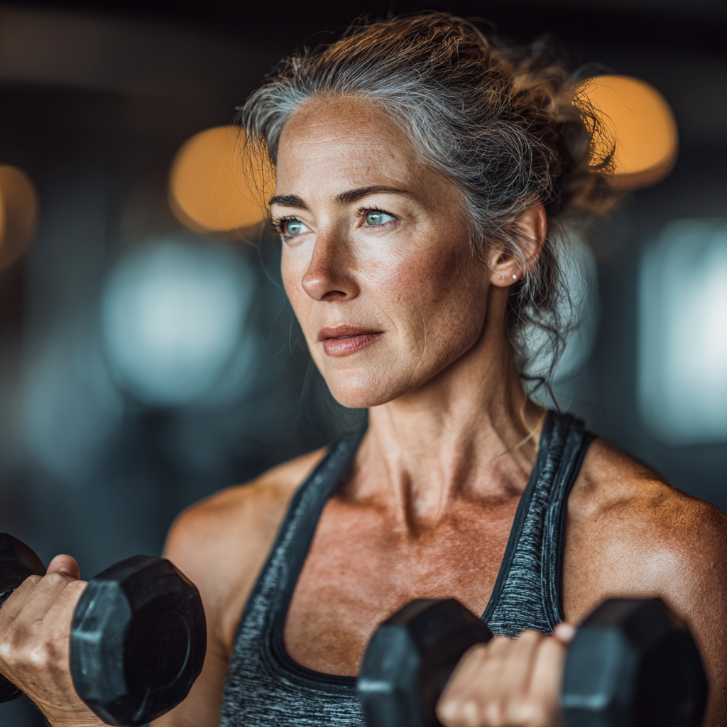 Mature woman in her late 40s performing strength training with dumbbells in modern gym, focused expression, athletic wear